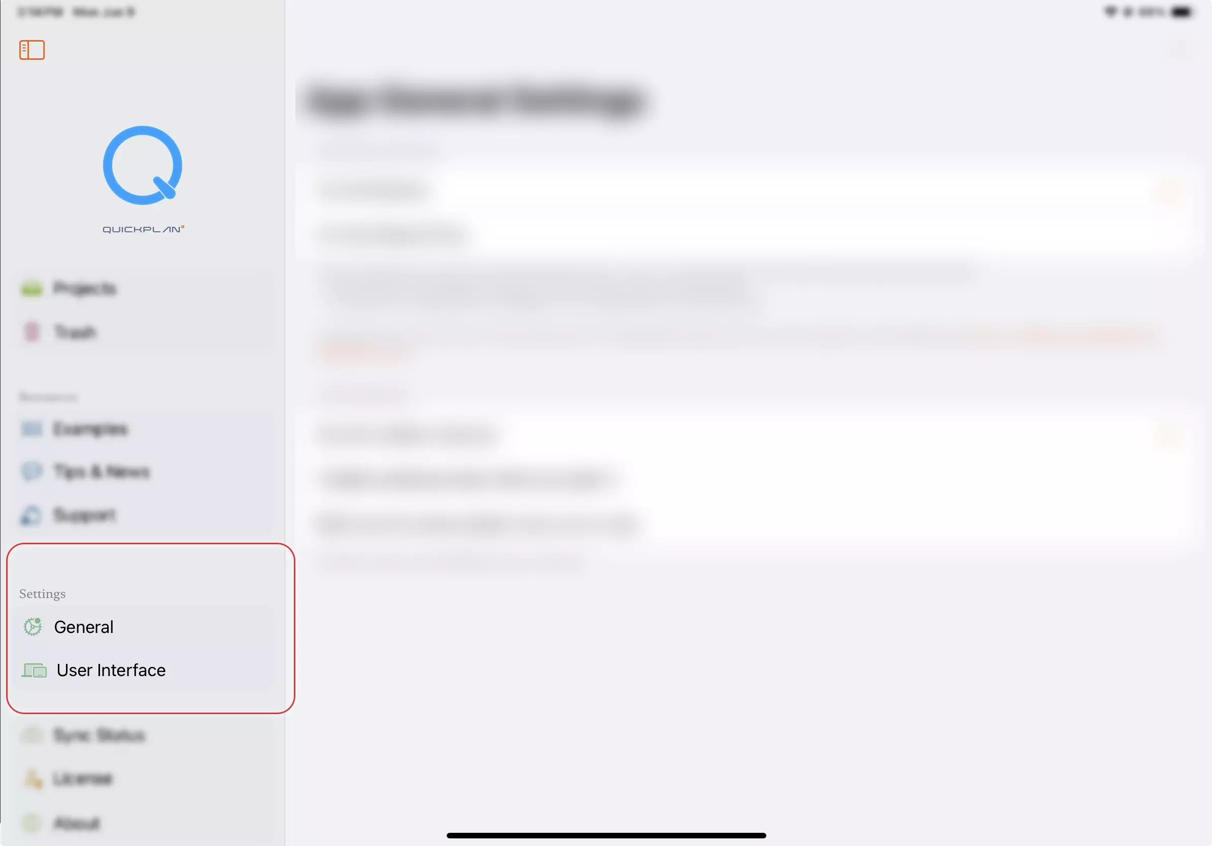 App settings sidebar