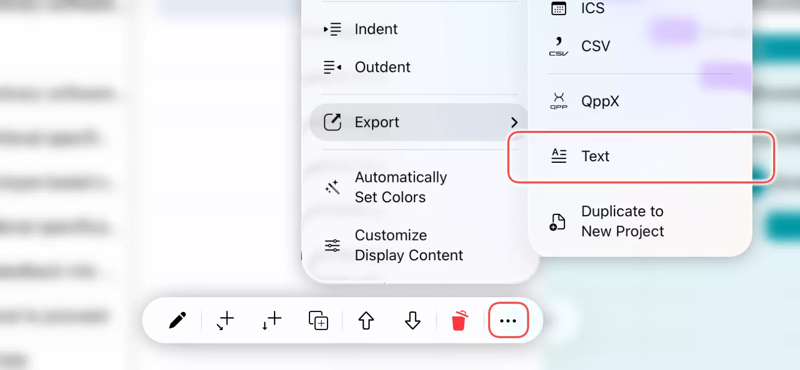 Exportmenü auf Mobilgeräten