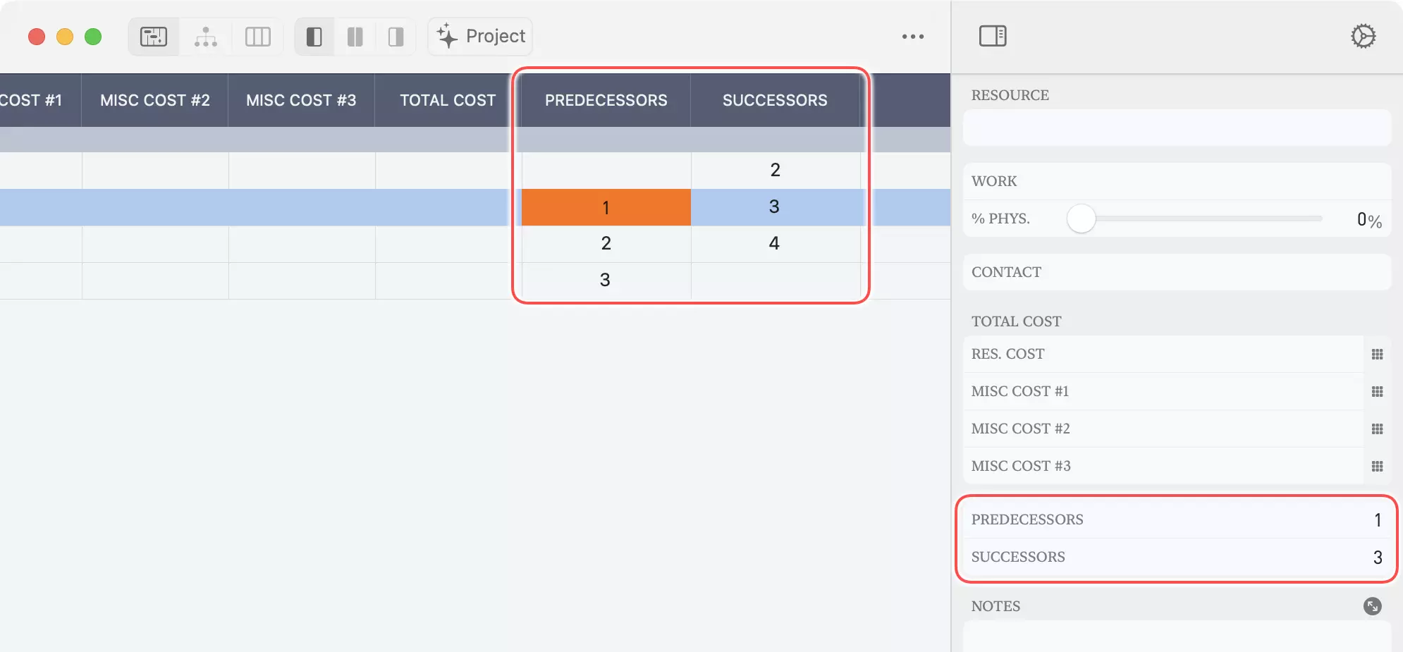 Verknüpfung in Tabellenansicht und Inspektor