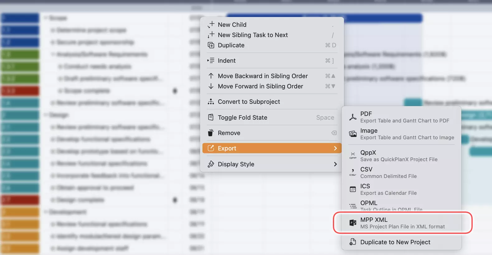 Export a task group to MPP XML file on Mac