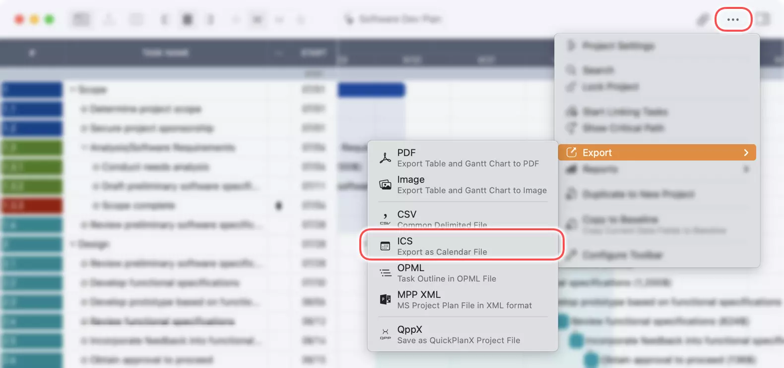 Export entire project to ICS file on Mac