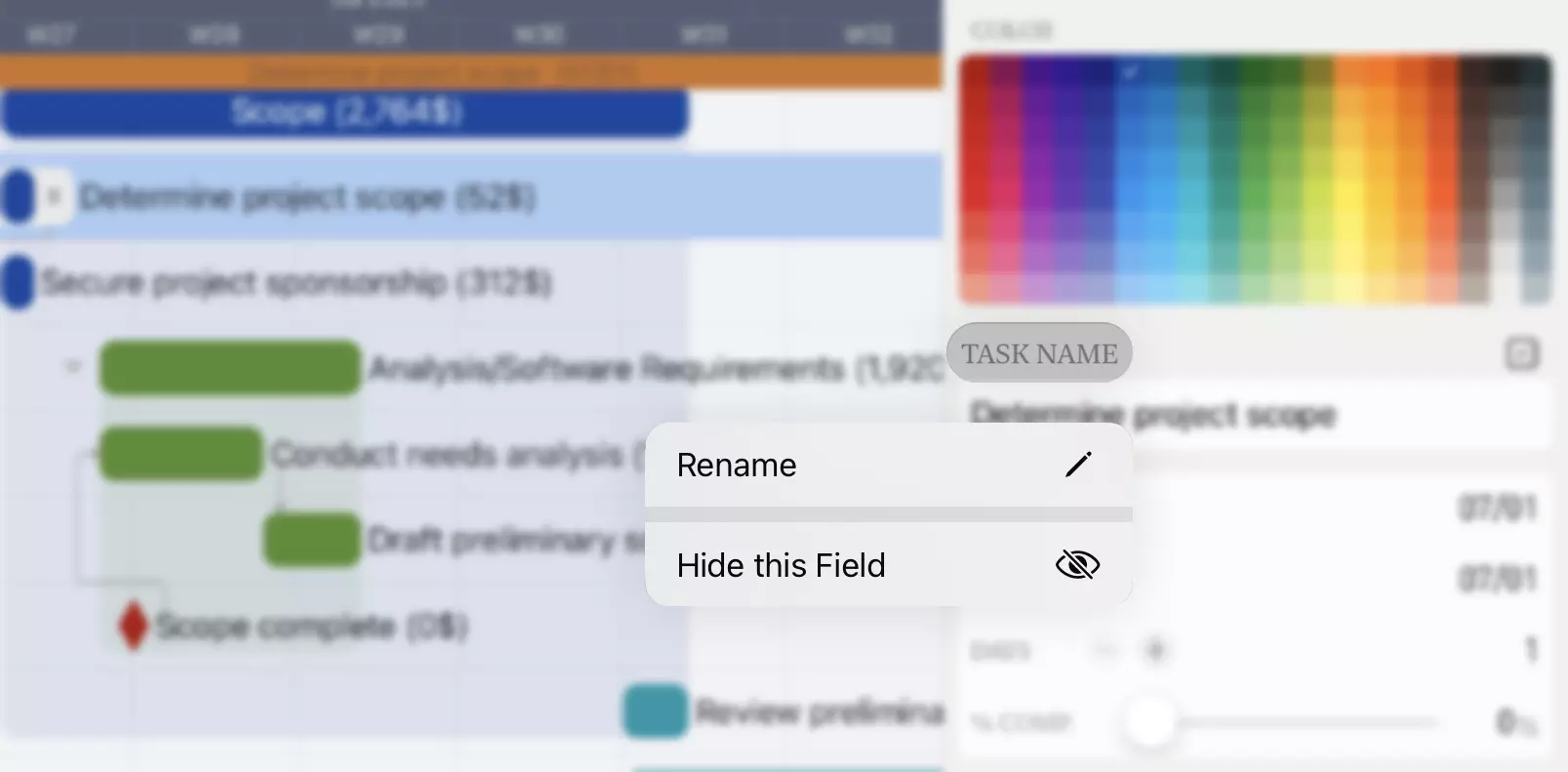 Menú Contextual del Título del Campo