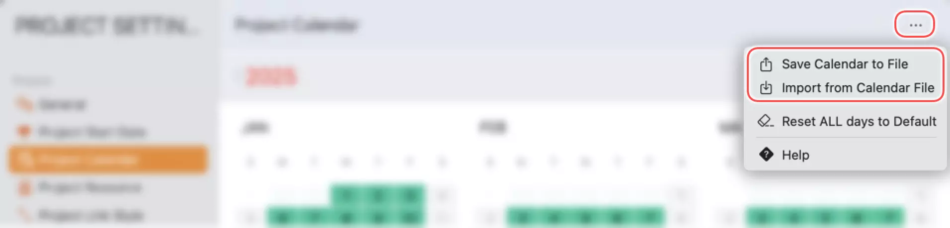 Paramètres du Projet - Fichier de Calendrier