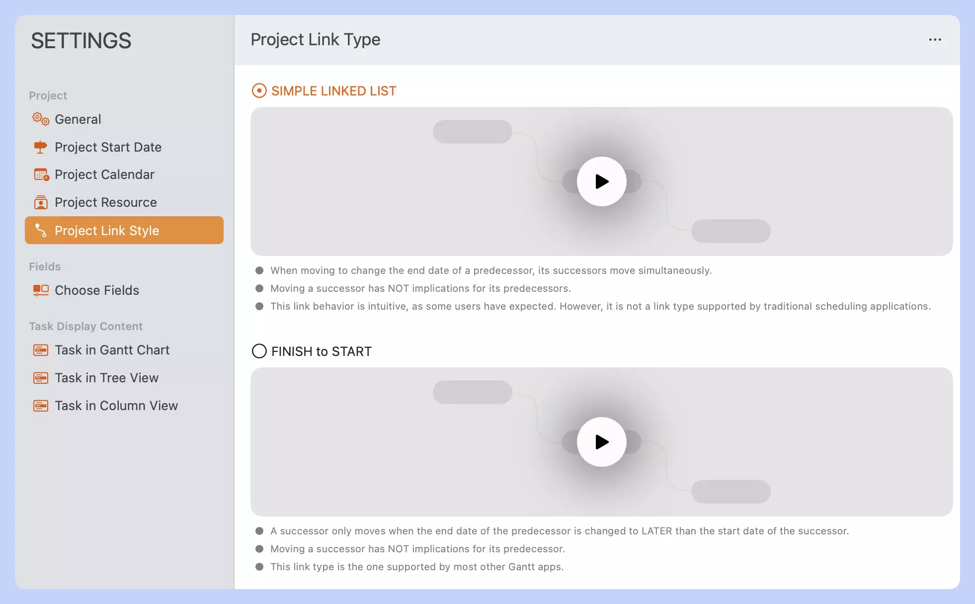 Paramètres du Projet - Style de Lien