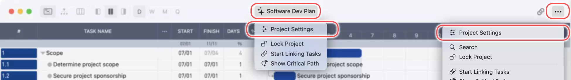 Project Settings Menu