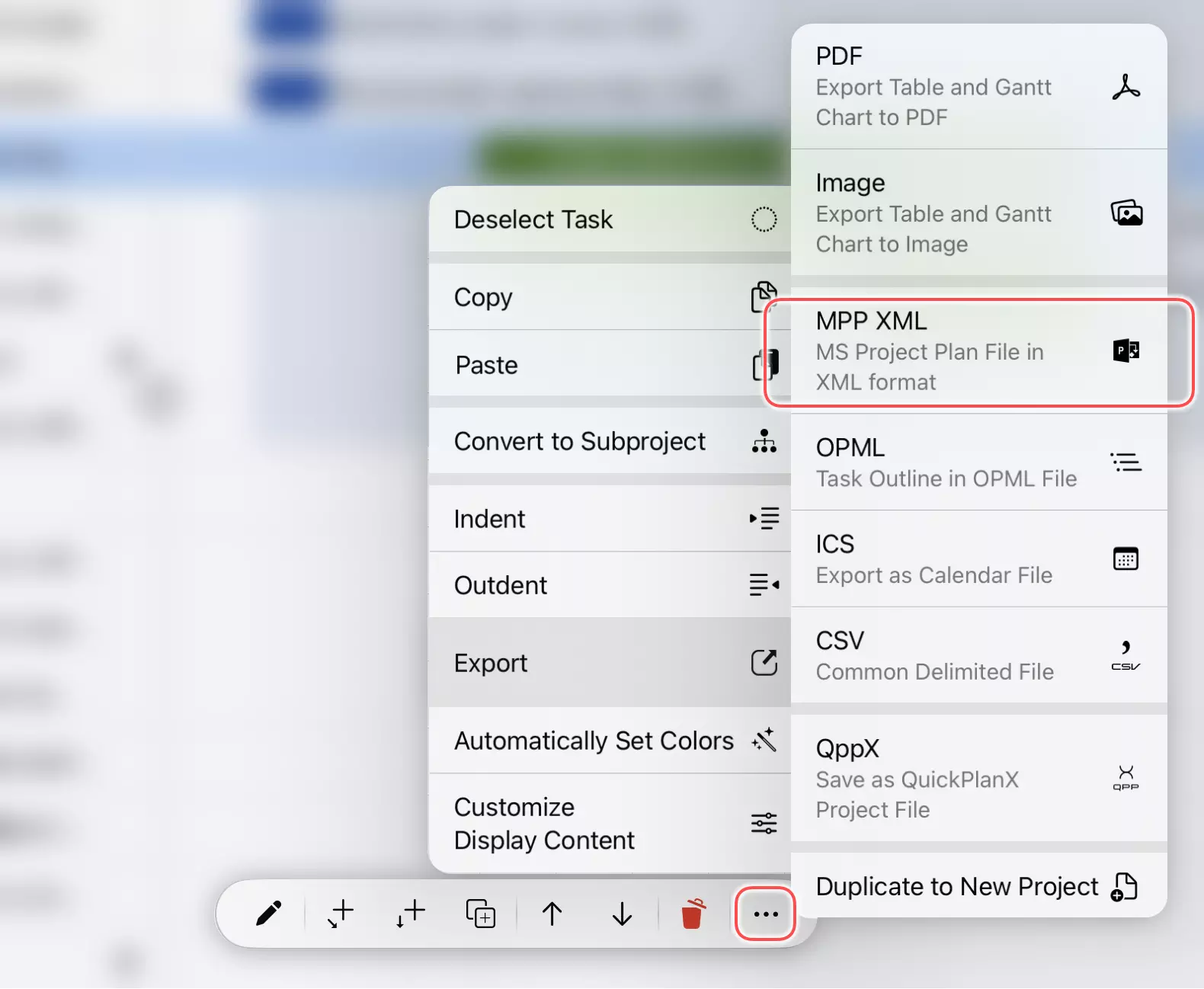 iPad でタスクグループを MPP XML ファイルにエクスポート