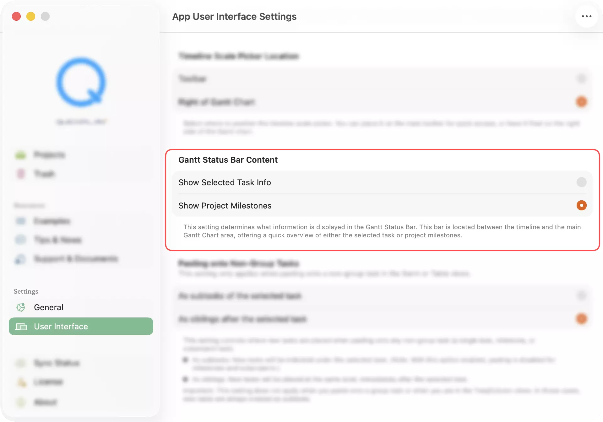 Gantt Status Bar Options