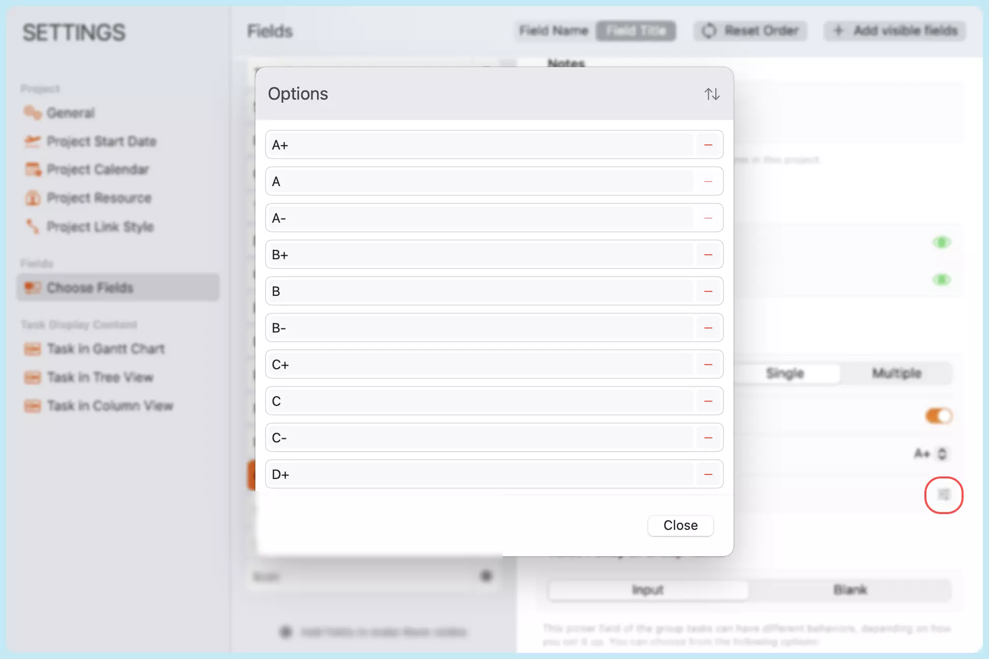 Picker Field Setting - Options