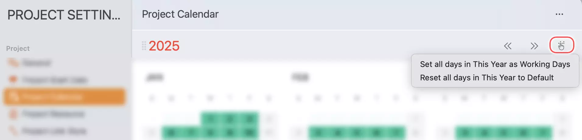 Projectinstellingen - Kalender